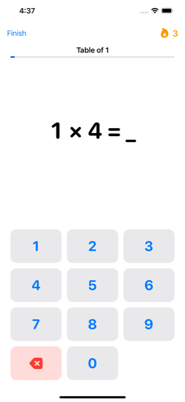 Answer on the big keypad, with streak and progress