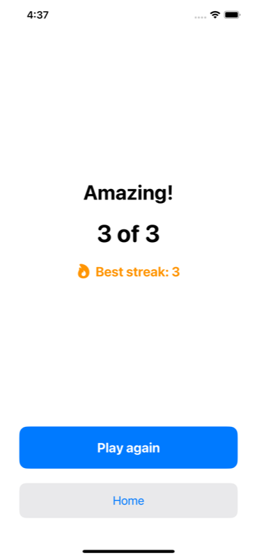 Session summary with score, best streak and stars