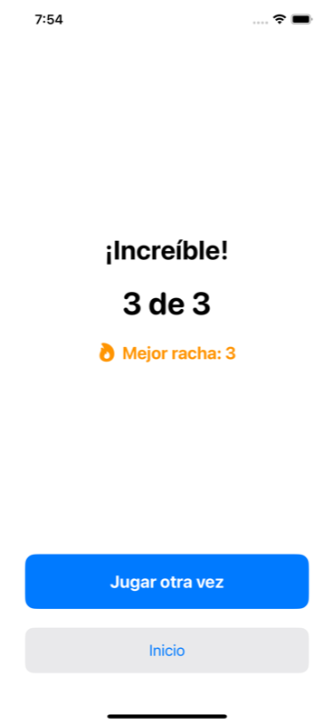 Resumen de la sesión con puntaje, mejor racha y estrellas